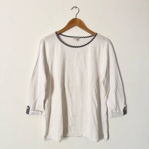 NWT Talbots Outlet Pineapple Textured Sweater 3/4 Sleeve Check Trim White Size L